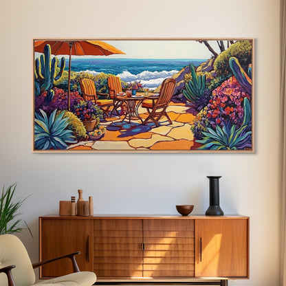 Patio, Ocean, Dining, Framed Canvas Print, Colorful seaside patio with umbrella and table scene, Summer vibes, Dining Room Wall Art