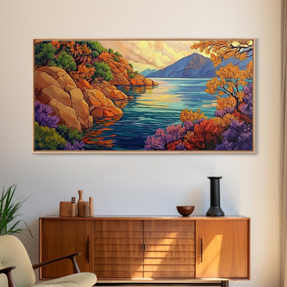 Mountain Lake, Trees, Reflection, Canvas Print with vivid autumn landscape painting, living room wall art, boho nature decor