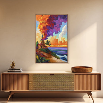 Lighthouse Sunset, Tropical, Path, Canvas Print, Colorful coastal home décor, beach house art, tropical living room wall painting