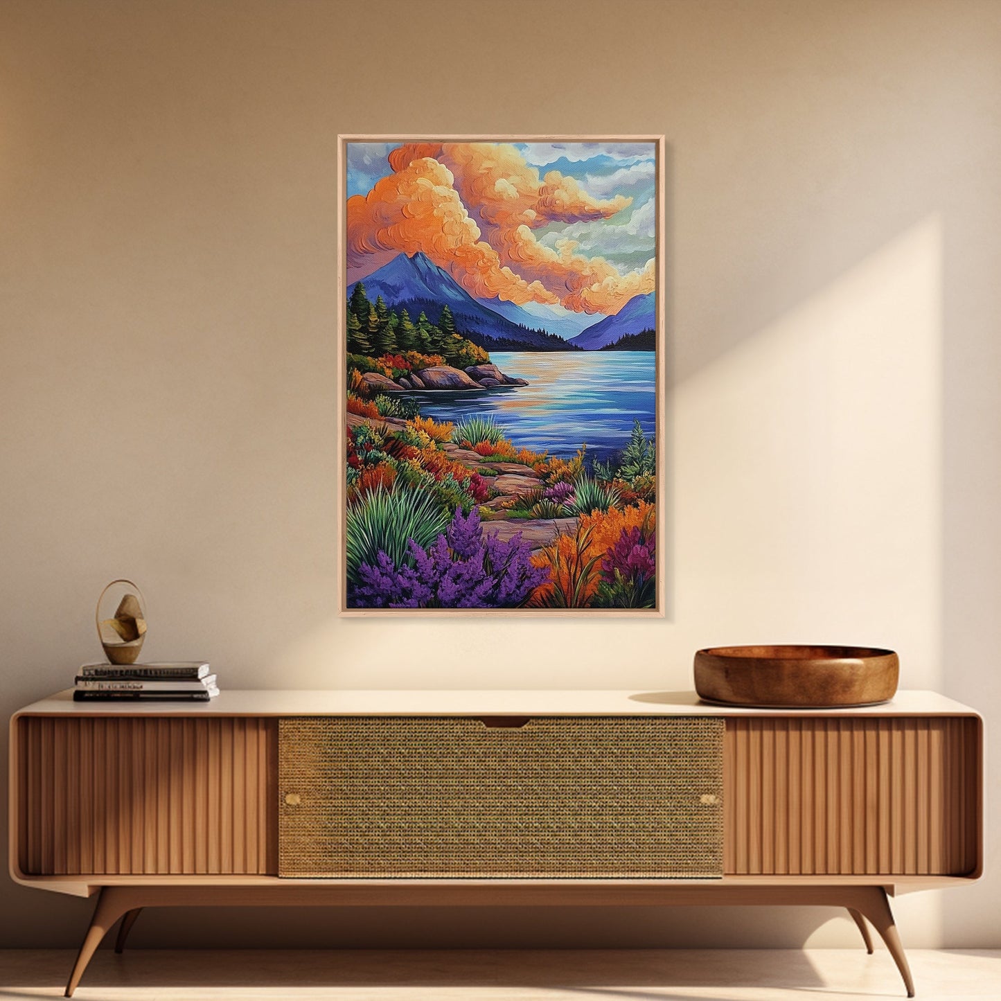 Lake Mountains, Sunset, Autumn, Framed Canvas Print serene mountain lake sunset wall art, vibrant Autumn landscape canvas, cozy cabin decor