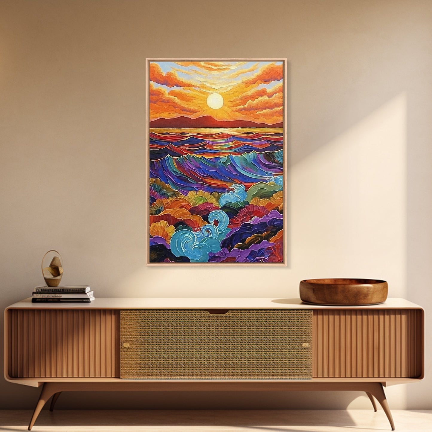 Sunset Ocean, Waves, Framed Canvas Print, Vibrant Abstract Seascape Wall Art, Colorful Ocean Decor, Living Room Statement Art