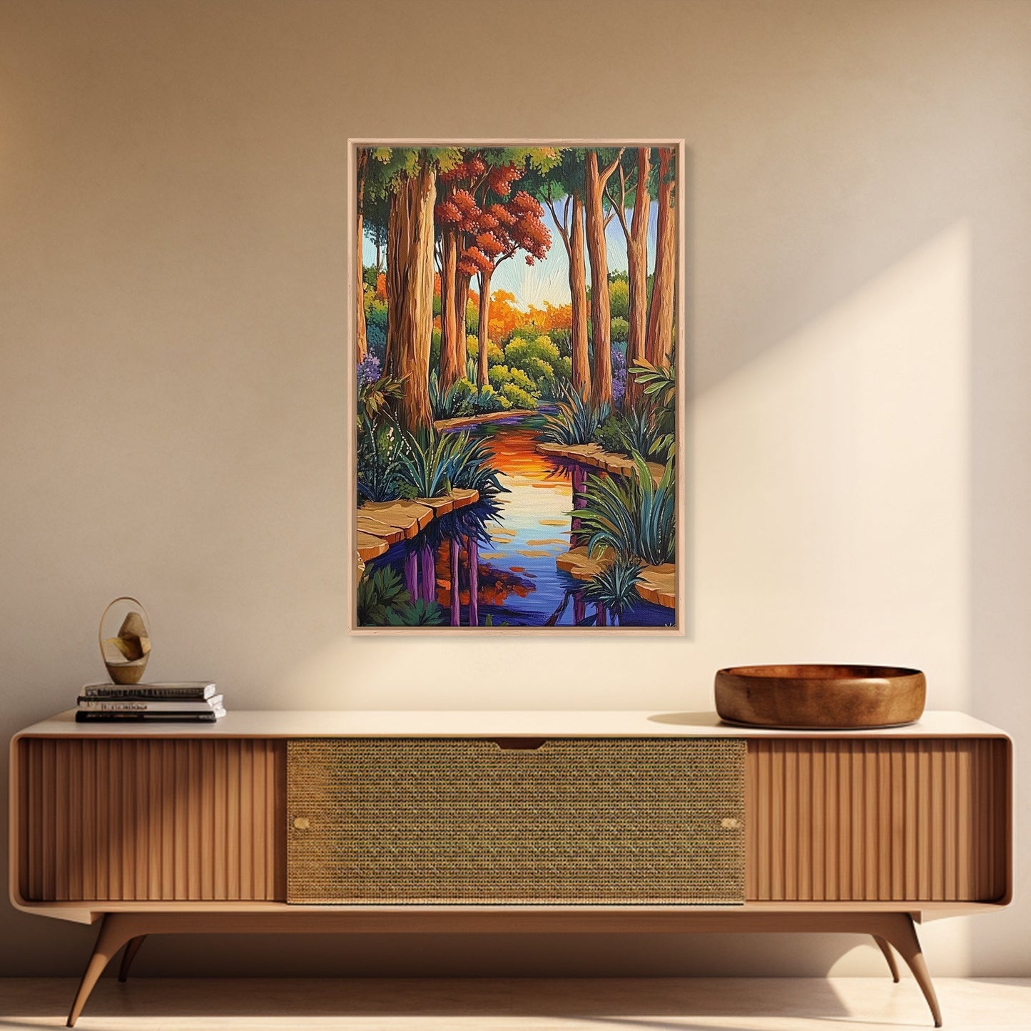 Forest Creek, Autumn, Framed Canvas Print, Tranquil Fall Landscape Wall Art, Vibrant Nature Decor, Woodland Boho Style, Bedroom Wall Art