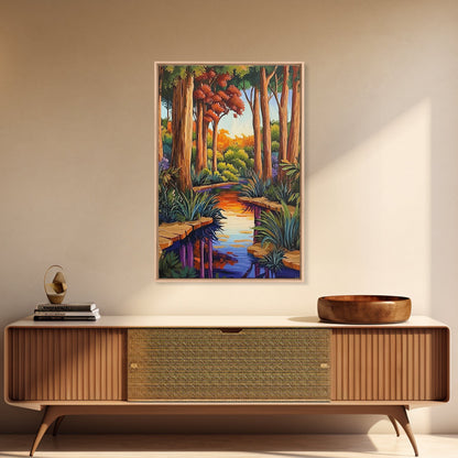 Forest Creek, Autumn, Framed Canvas Print, Tranquil Fall Landscape Wall Art, Vibrant Nature Decor, Woodland Boho Style, Bedroom Wall Art