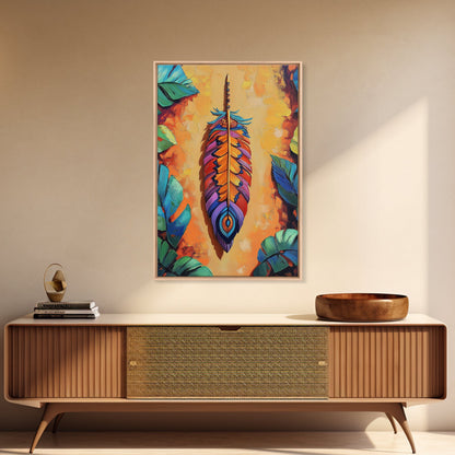 Bold Feather, Boho, Tropical, Colorful Framed Canvas Print, Eclectic Bedroom Wall Art, Boho Style Decor, Vibrant Southwest Wall Hanging