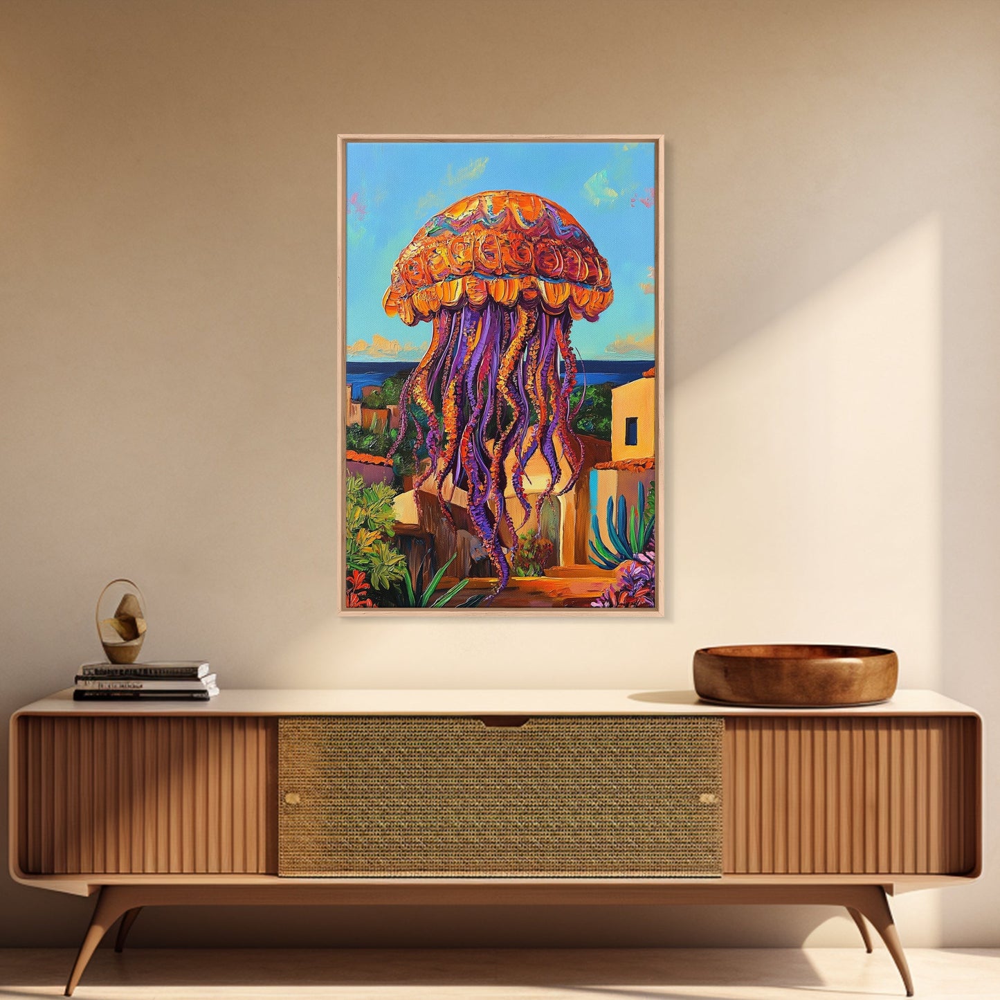 Jellyfish Surreal, Ocean, Dreamy Framed Canvas Print, Coastal Living Room Wall Art, Fantasy Sea Creature Art, Bright Tropical Decor