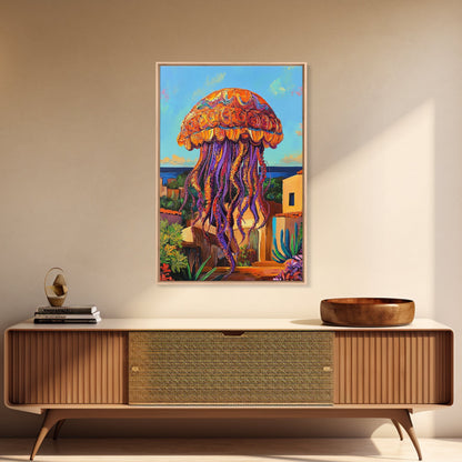 Jellyfish Surreal, Ocean, Dreamy Framed Canvas Print, Coastal Living Room Wall Art, Fantasy Sea Creature Art, Bright Tropical Decor
