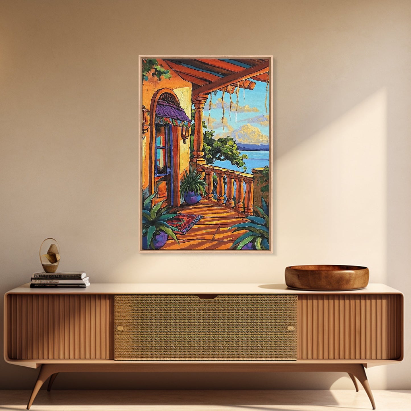 Porch Lake, Peaceful, View, Framed Canvas Print, relaxing patio art, summer lake view, rustic porch decor, Mediterranean vibes painting