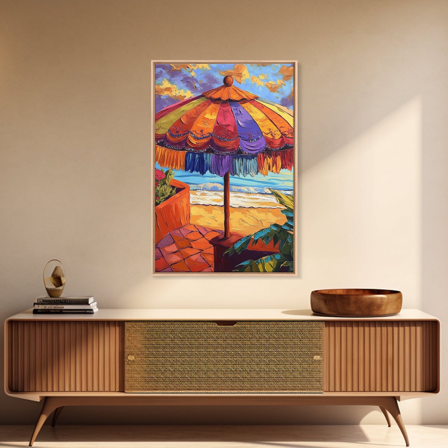 Beach Umbrella, Sunset, Framed Canvas Print, Tropical boho art, patio decor, summer beach vibe, colorful wall art, sunroom accent piece