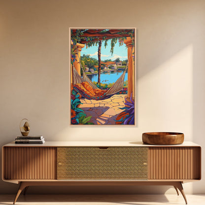 Hammock Patio, Relax, Lake, Framed Canvas Print, bohemian outdoor decor, tropical vacation art, summer patio vibe, living room wall art