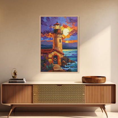 Moonlit Lighthouse, Rustic, Shore, Framed Canvas Print, Coastal Lighthouse Canvas, Dramatic Moon Ocean Scene, Rustic Nautical Wall Art