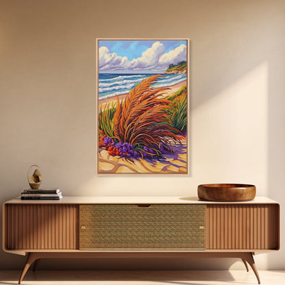 Ocean Dune, Grass, Coastal Beach Landscape Wall Decor, Nature Lover Gift, Living Room Wall Art, Boho Style Framed Canvas Print