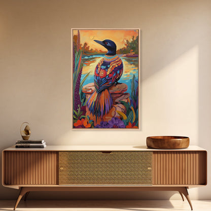 Jewel Loon, Sunset, Vibrant Bird Wall Art, Nature Wildlife Decor, Eclectic Home Accent, Living Room Boho Framed Canvas Print