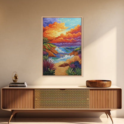 Seaside Sunset, Cliff, Dramatic Clouds Framed Canvas Print, Vibrant Ocean Wall Decor, Bathroom Beach Art, Coastal Expressionism