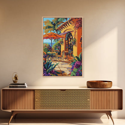 Bistro Patio, Sun, Canvas Print, Mediterranean cafe painting, kitchen wall art, outdoor charm artwork, sunny terrace decor, cozy nook print