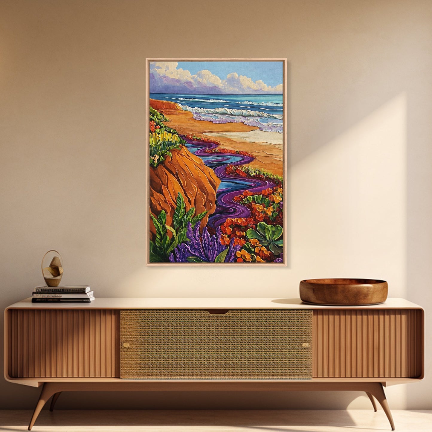 Ocean Cliffside, Floral, Seascape, Framed Canvas Print, Coastal Nature Wall Art, Bold Botanical Beach Decor, Bathroom Accent Piece