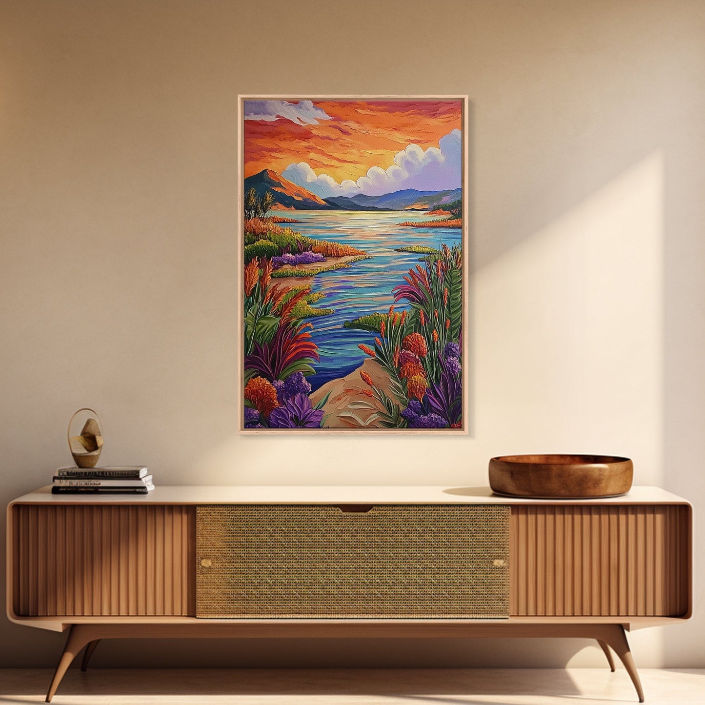 Lake Sunset, Wildflowers, Peaceful, Framed Canvas Print, Serene Nature Wall Art, Bedroom or Living Room Decor, Vibrant Landscape Style