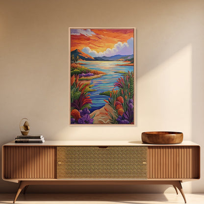 Lake Sunset, Wildflowers, Peaceful, Framed Canvas Print, Serene Nature Wall Art, Bedroom or Living Room Decor, Vibrant Landscape Style