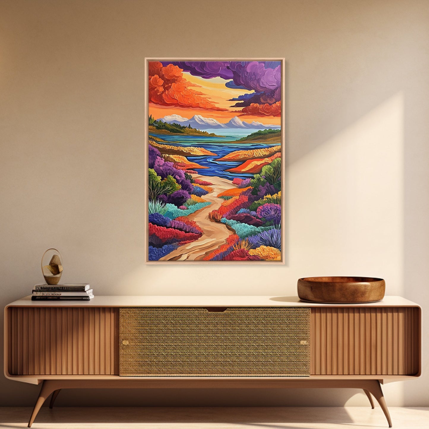 Mountains River, Clouds, Autumn, Framed Canvas Print, Bold Fall Landscape Art, Cozy Cabin Decor, Nature Lover Living Room Accent