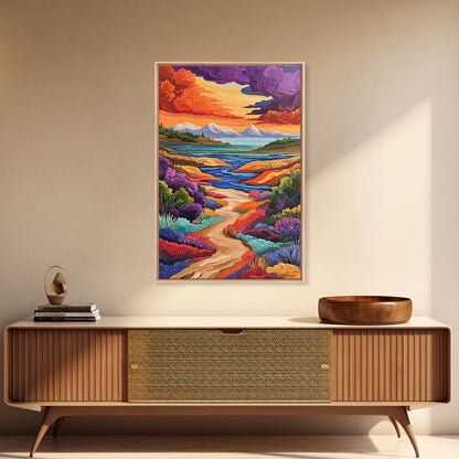 Mountains River, Clouds, Autumn, Framed Canvas Print, Bold Fall Landscape Art, Cozy Cabin Decor, Nature Lover Living Room Accent