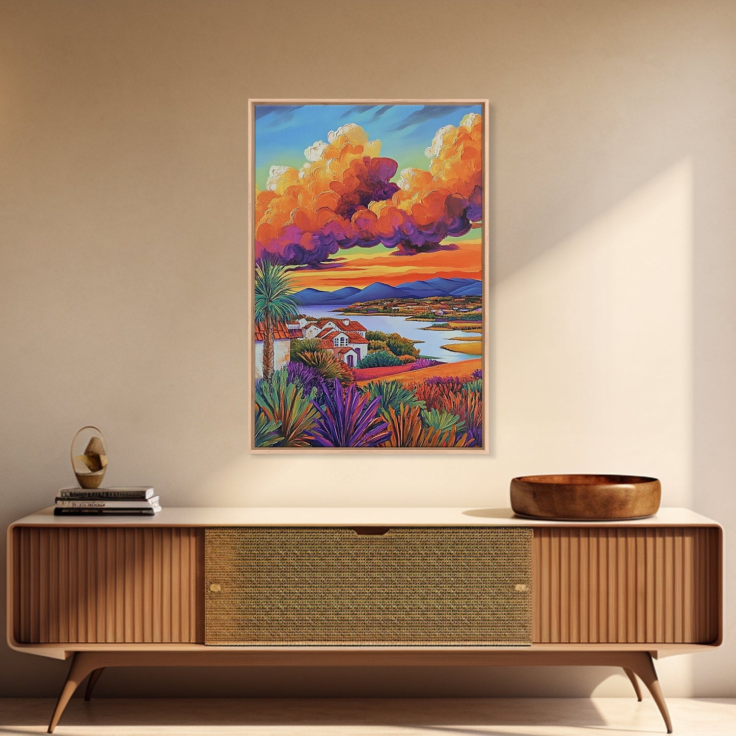 Village Sunset, Clouds, Landscape, Framed Canvas Print, Colorful Scenic Wall Art, Rustic Living Room Decor, Mediterranean Countryside