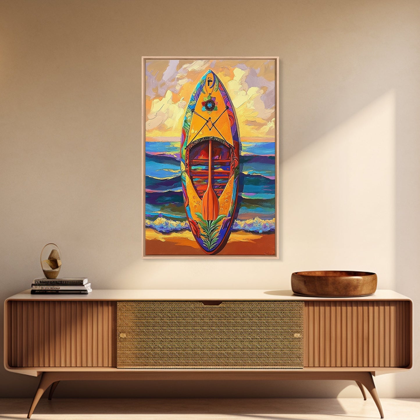 Yellow Surfboard Art, Vibrant Paddle Print, Colorful Beach Decor, Coastal Ocean Wall, Framed Canvas Print, Bathroom Wall Art, tropical art