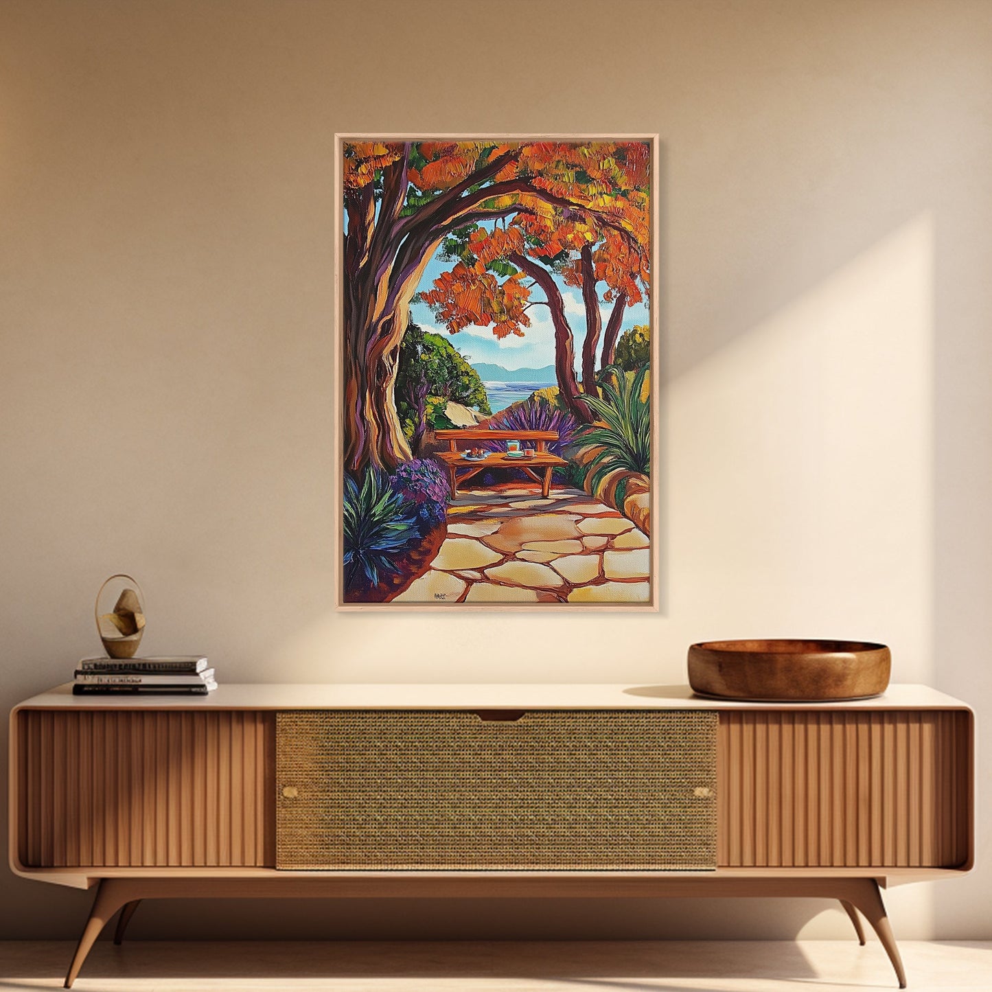 Autumn Table, Garden Path, Scenic View, Framed Canvas Print, cozy fall art, rustic decor, nature painting, Dining Room Wall Art