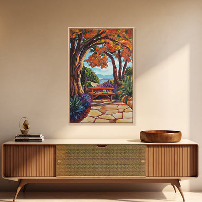 Autumn Table, Garden Path, Scenic View, Framed Canvas Print, cozy fall art, rustic decor, nature painting, Dining Room Wall Art