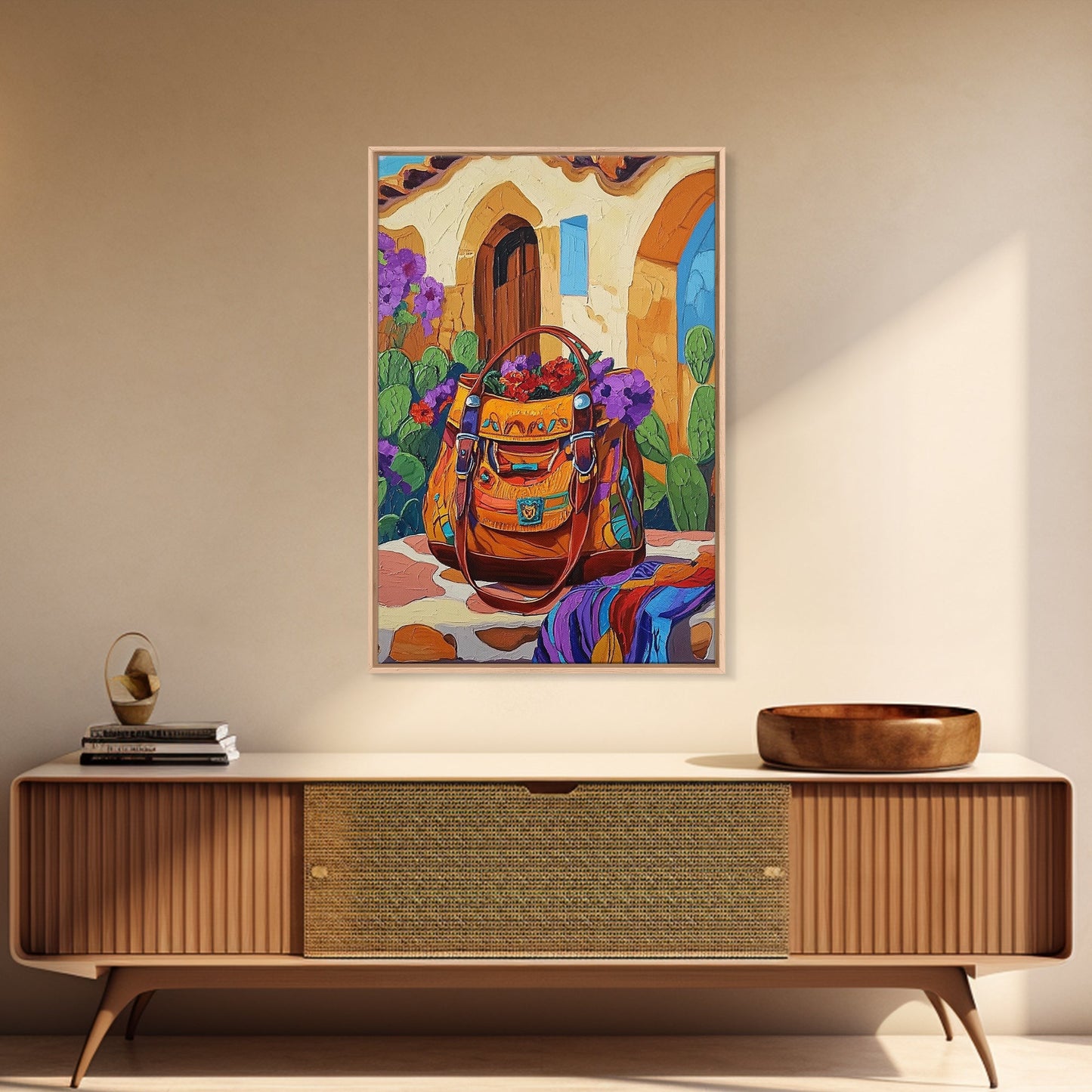 Saddle Bag, Desert Flowers, Southwest Style, Rustic Charm, Mexican Market Vibe, Entryway Wall Art, Framed Canvas Print, Colorful Boho Art