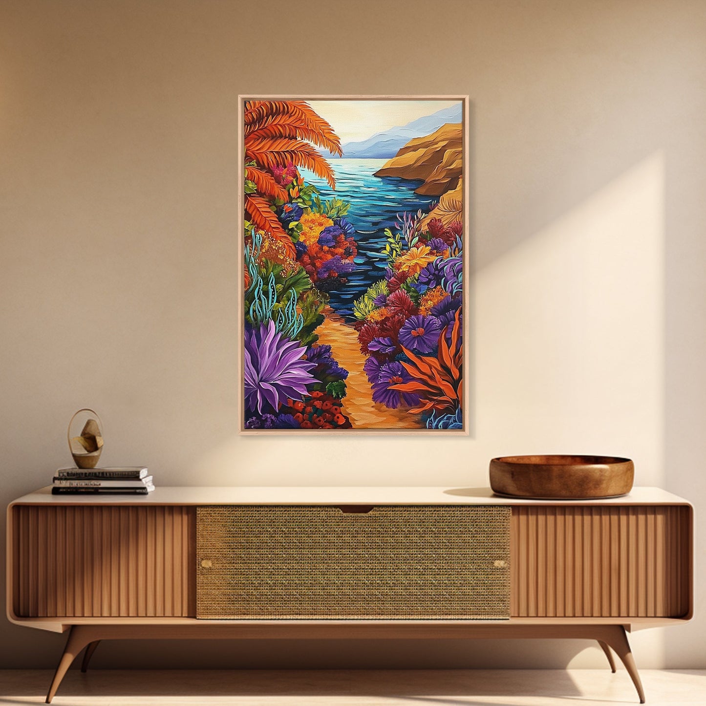 Hidden Cove, Ocean Trail, Botanical Beauty, Colorful Path, Framed Canvas Print, tropical jungle painting, hallway wall art, boho art