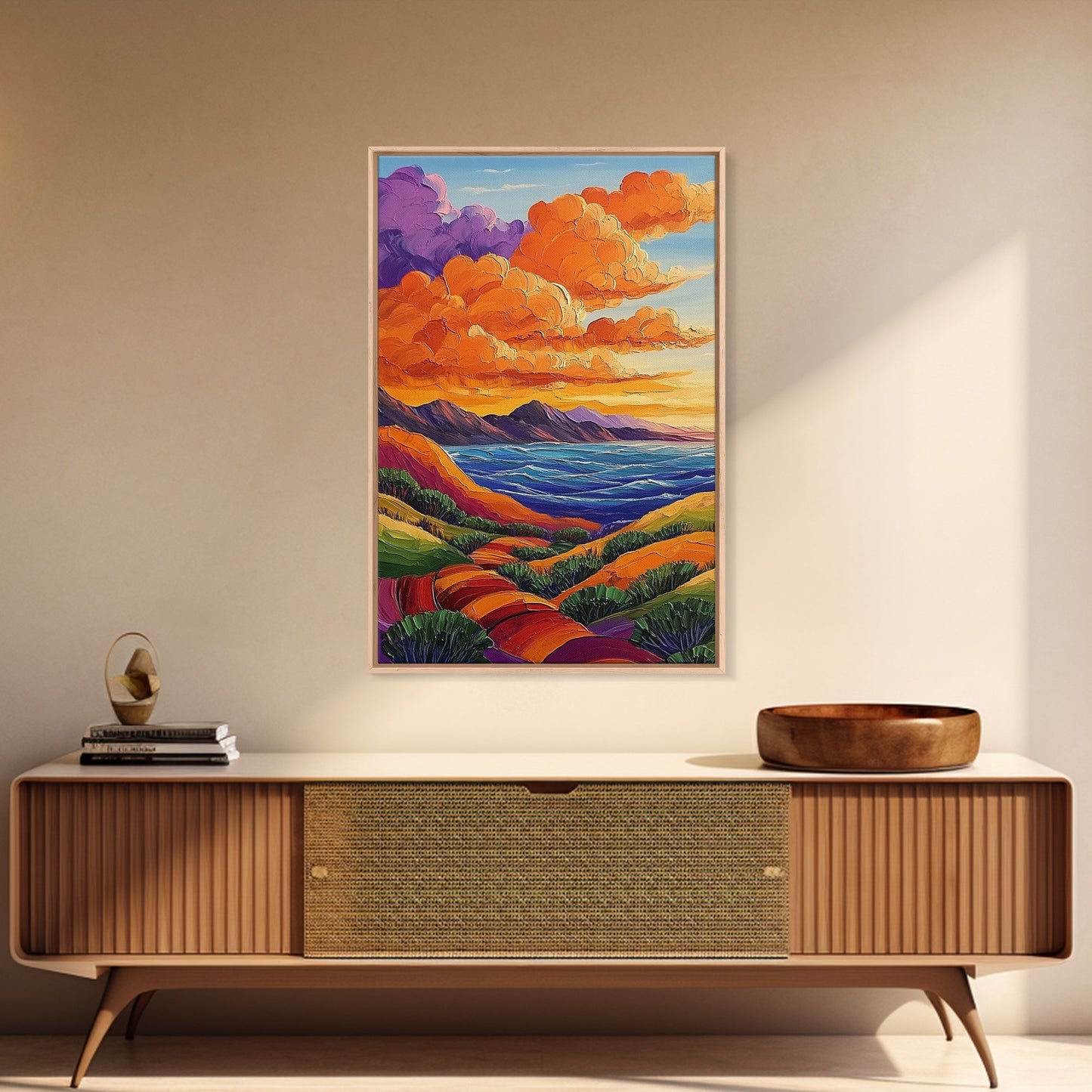 Coastal Hills, Sunset Path, Ocean View, Fiery Sky — Framed Canvas Print Autumn landscape painting, colorful kitchen wall art, boho decor