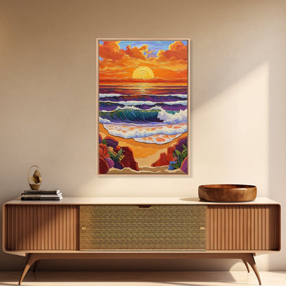 Sunset Beach, Crashing Waves, Golden Sky, Ocean Horizon — Canvas Print tropical landscape art, bathroom wall decor, modern beach vibe