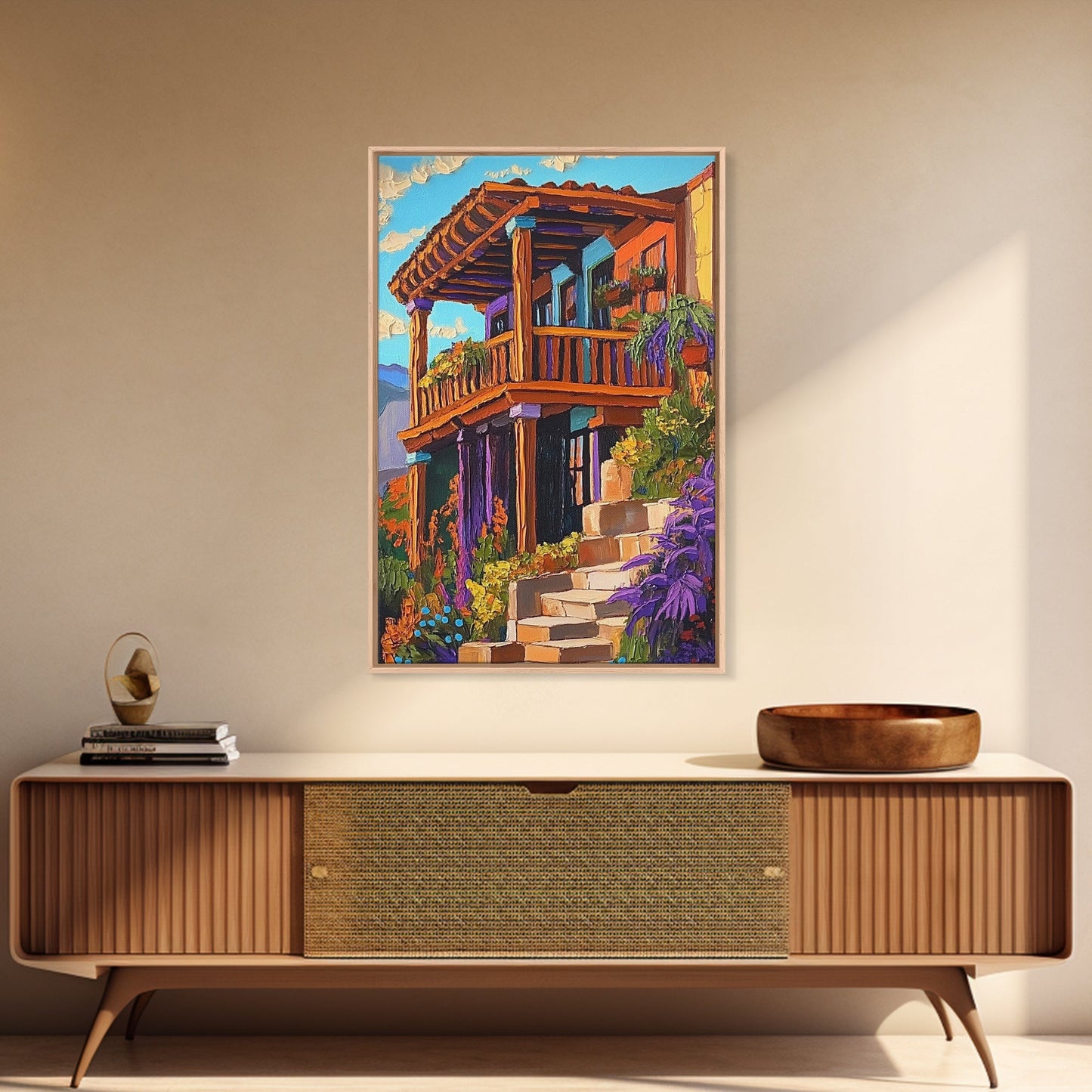Rustic Balcony View, Desert Garden Colors, Southwest Home Art, Framed Canvas Print, Living Room Wall Art, Boho Summer Decor