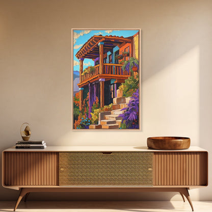 Rustic Balcony View, Desert Garden Colors, Southwest Home Art, Framed Canvas Print, Living Room Wall Art, Boho Summer Decor