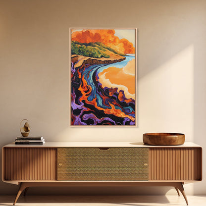 Lava Coastline, Molten Waves, Abstract Nature, Volcanic Scene, Framed Canvas Print, Fall Wall Art, Moody Decor, Earthy Abstract Art