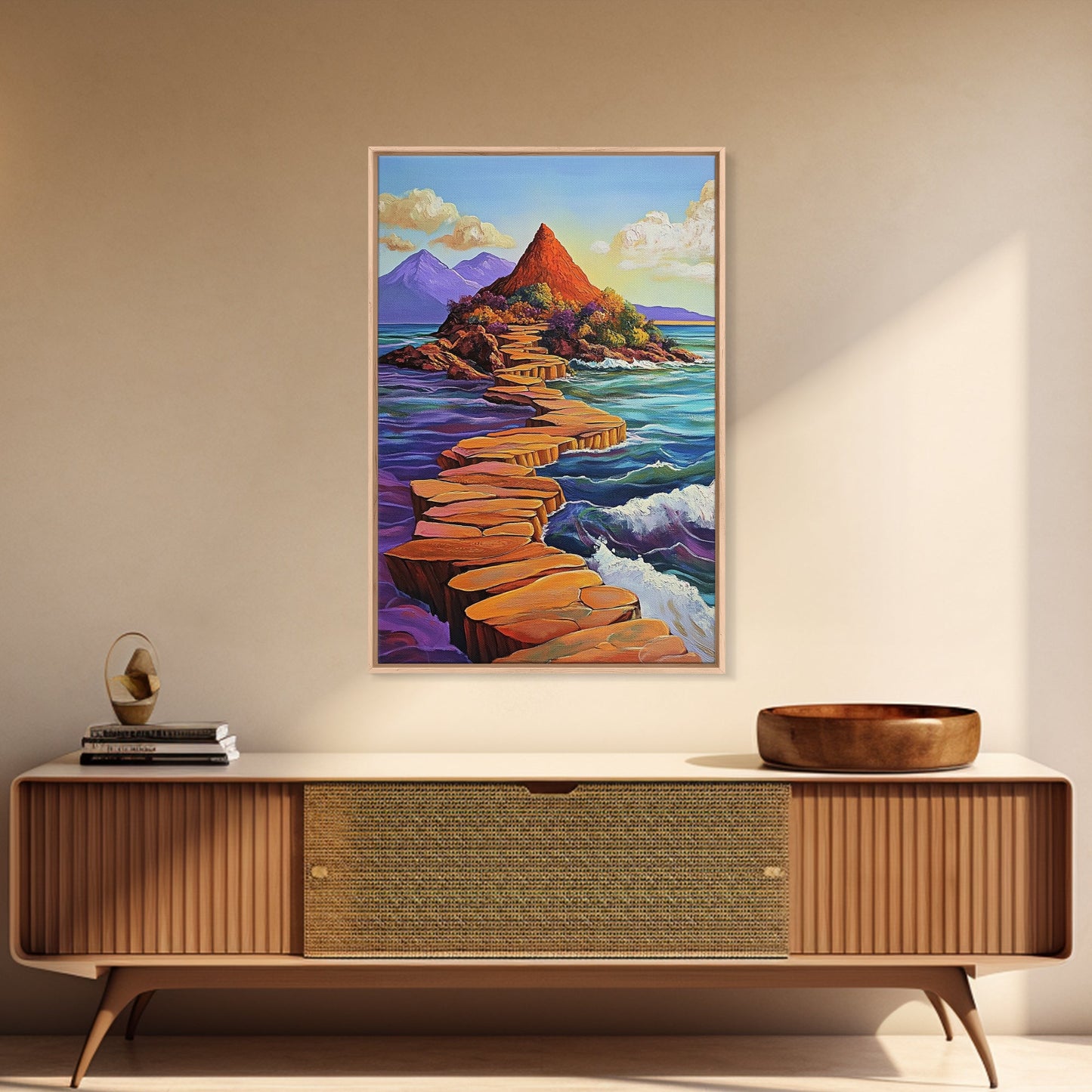 Island Pathway, Ocean Steps, Dreamy Seascape, Colorful Rocks, Framed Canvas Print, Hallway Wall Art, Coastal Home Decor, Zen Art