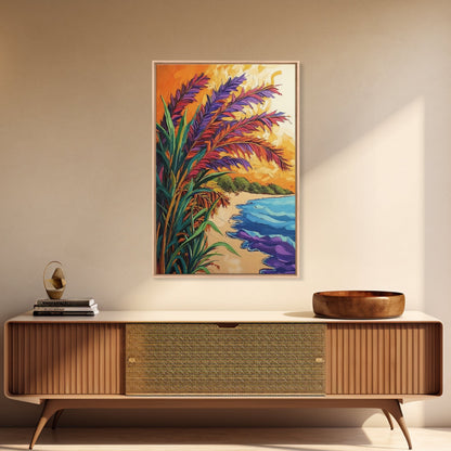 Vibrant Beach Grass, Sunset Ocean View, Coastal Wall Decor, Tropical Vibes, Framed Canvas Print, Summer Living Room Wall Art