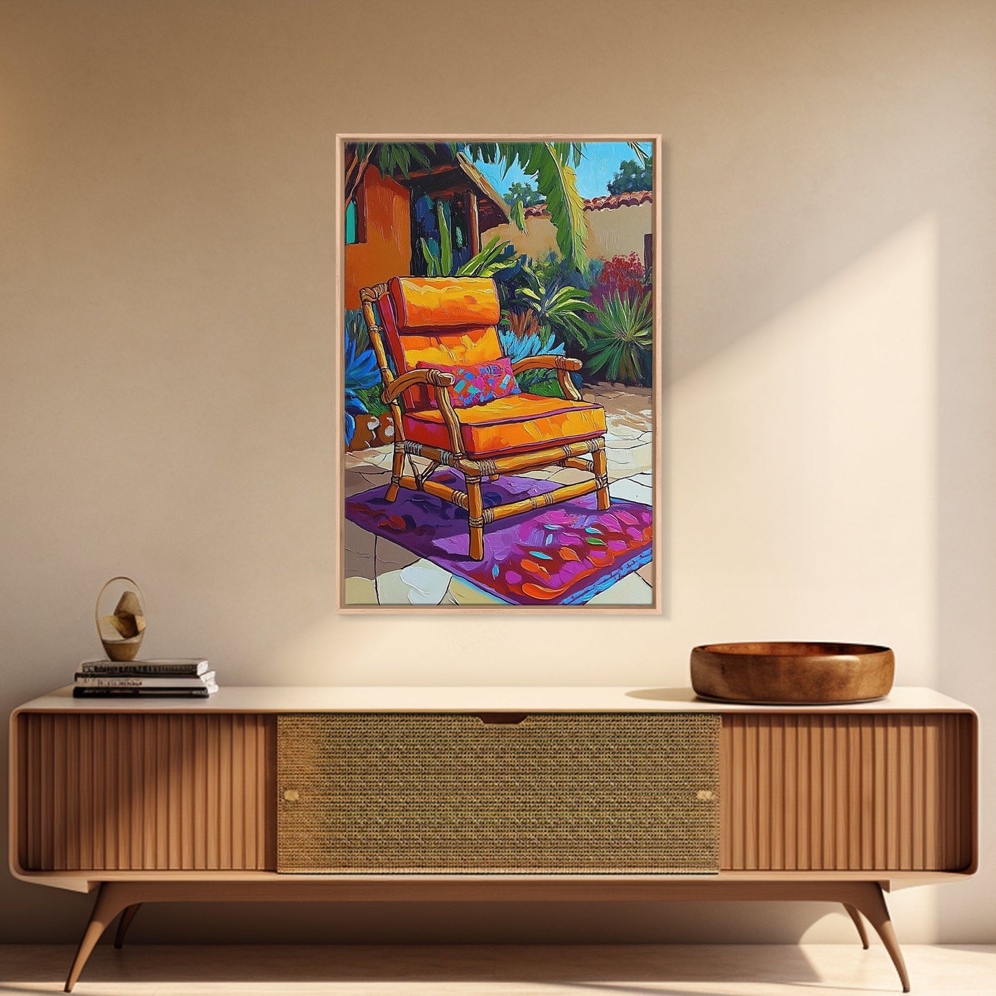 Chair Patio Palm, Tropical, Framed Canvas Print tropical garden wall art, colorful patio vibes, summer decor, boho sunroom wall art