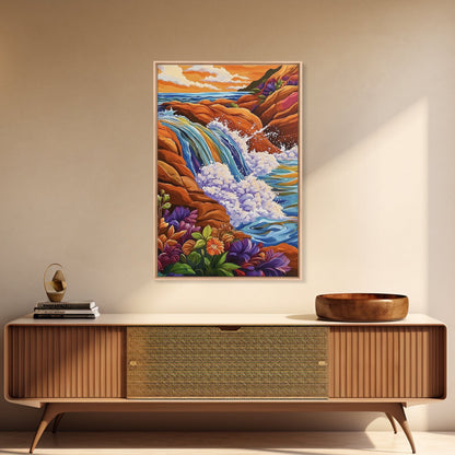 Coastal Waterfall, Ocean Rocks, Tropical Seascape, Sunset Art, Framed Canvas Print bathroom decor, beach lovers gift, colorful nature art