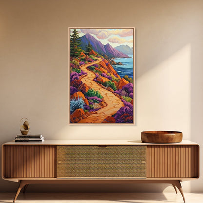 Winding Trail, Ocean Cliffs, Coastal Landscape, Mountain View, Framed Canvas Print, rustic wall art, cabin decor, colorful nature painting