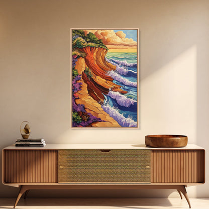 Waves Cliffs, Nature Surf, Canvas Print dramatic ocean surf painting, coastal boho landscape art, Living Room Wall Art, beachy decor