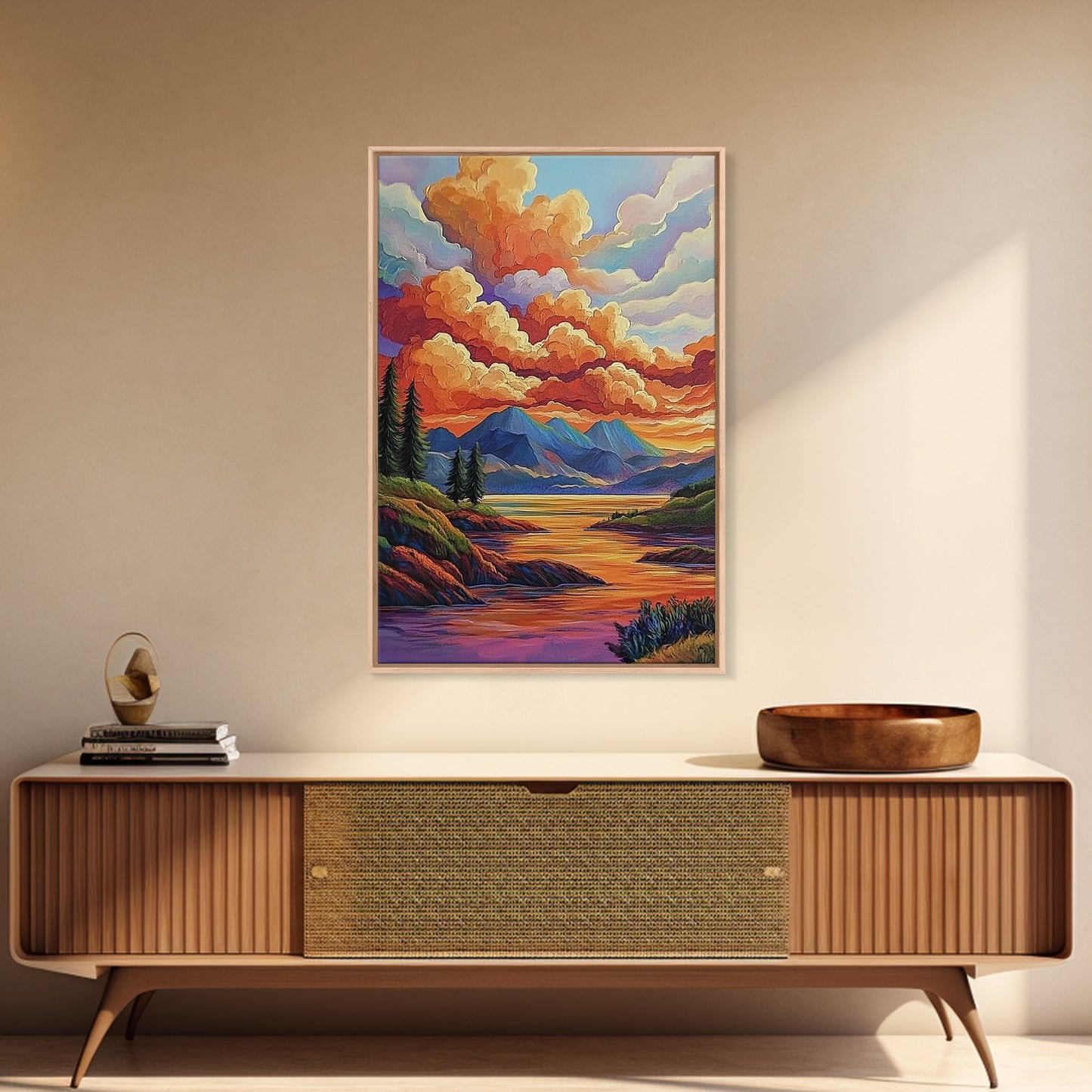 Mountains Lake, Sky Reflection, Canvas Print sunset mountain scene wall decor, serene nature landscape painting, Living Room Wall Art