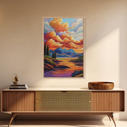 Mountains Lake, Sky Reflection, Canvas Print sunset mountain scene wall decor, serene nature landscape painting, Living Room Wall Art