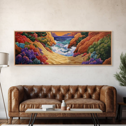 Ocean Path, Colorful Cliffs, Bright Beach, Nature Trail, Framed Canvas Print, Coastal Wall Art, Hallway Decor, Vibrant Seaside Painting