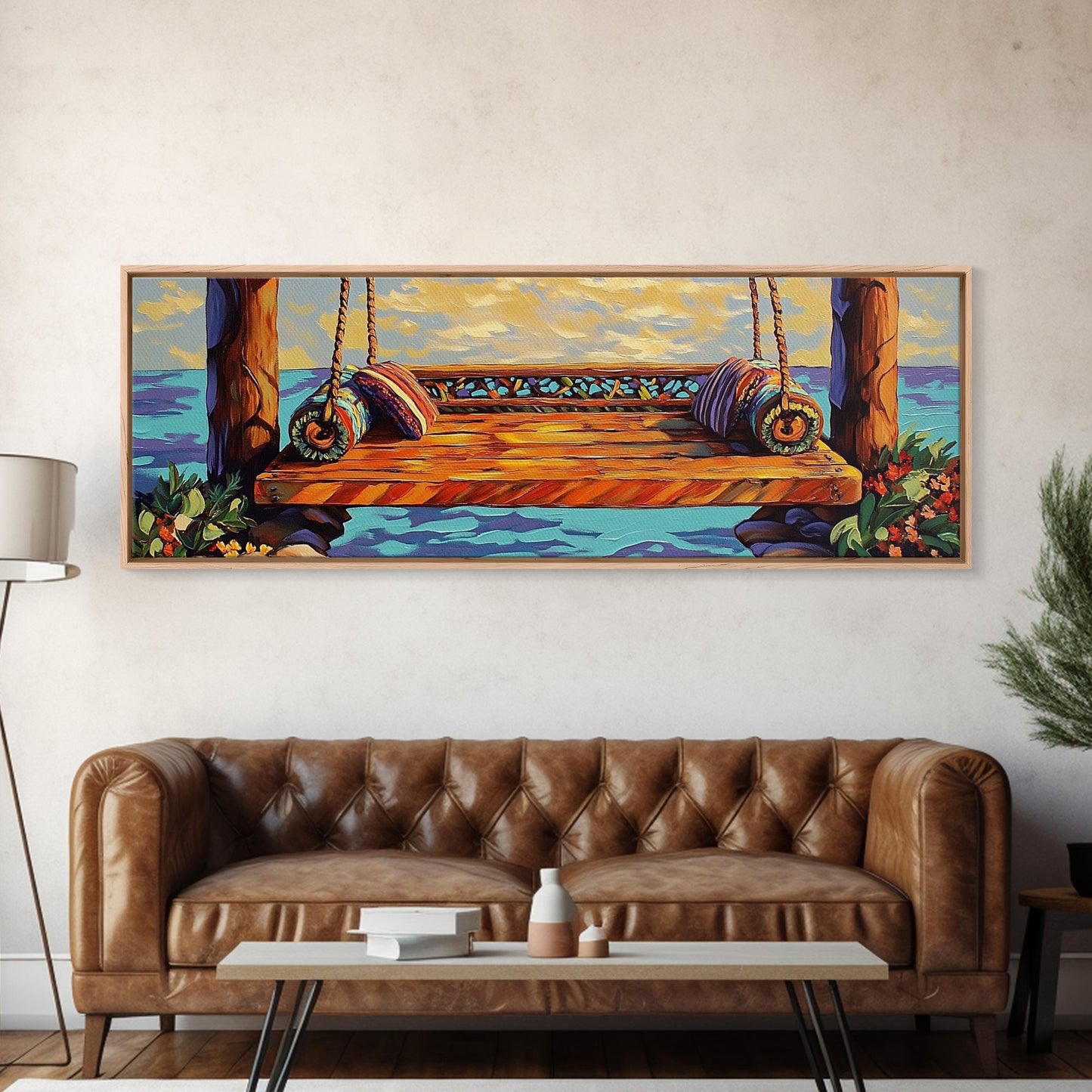 Ocean Swing Scene, Relaxing Seaside Painting, Nautical Coastal Art, Beach House Decor, Peaceful Canvas Print, Hallway Art, Bedroom Art