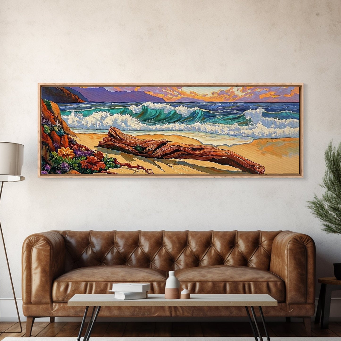 Ocean Shore Driftwood, Seaside Flower Art, Nature Landscape, Framed Canvas Print, Coastal Living Room or Beach House Wall Art