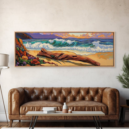 Ocean Shore Driftwood, Seaside Flower Art, Nature Landscape, Framed Canvas Print, Coastal Living Room or Beach House Wall Art
