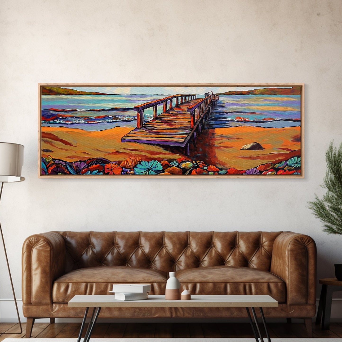 Seaside Pier, Vibrant Coast, Beach View, Framed Canvas Print, coastal artwork, beach house decor, summer vibes, living room art