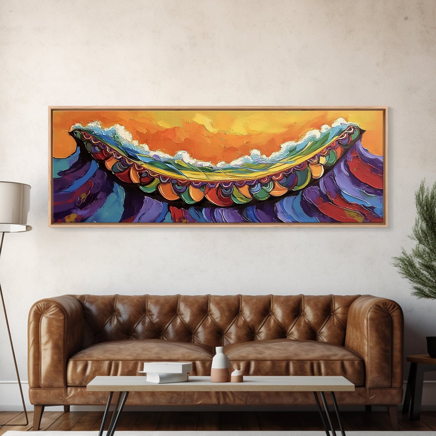 Carnival Wave, Festive Ocean, Playful Waters, Framed Canvas Print, beach bathroom art, coastal fun painting, surf wall decor