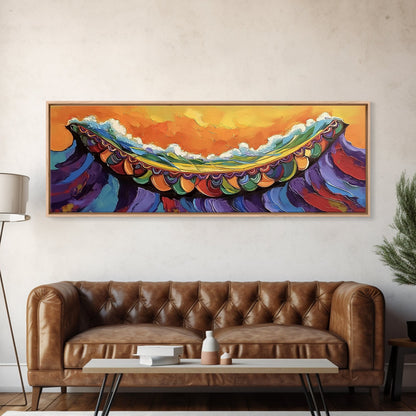Carnival Wave, Festive Ocean, Playful Waters, Framed Canvas Print, beach bathroom art, coastal fun painting, surf wall decor