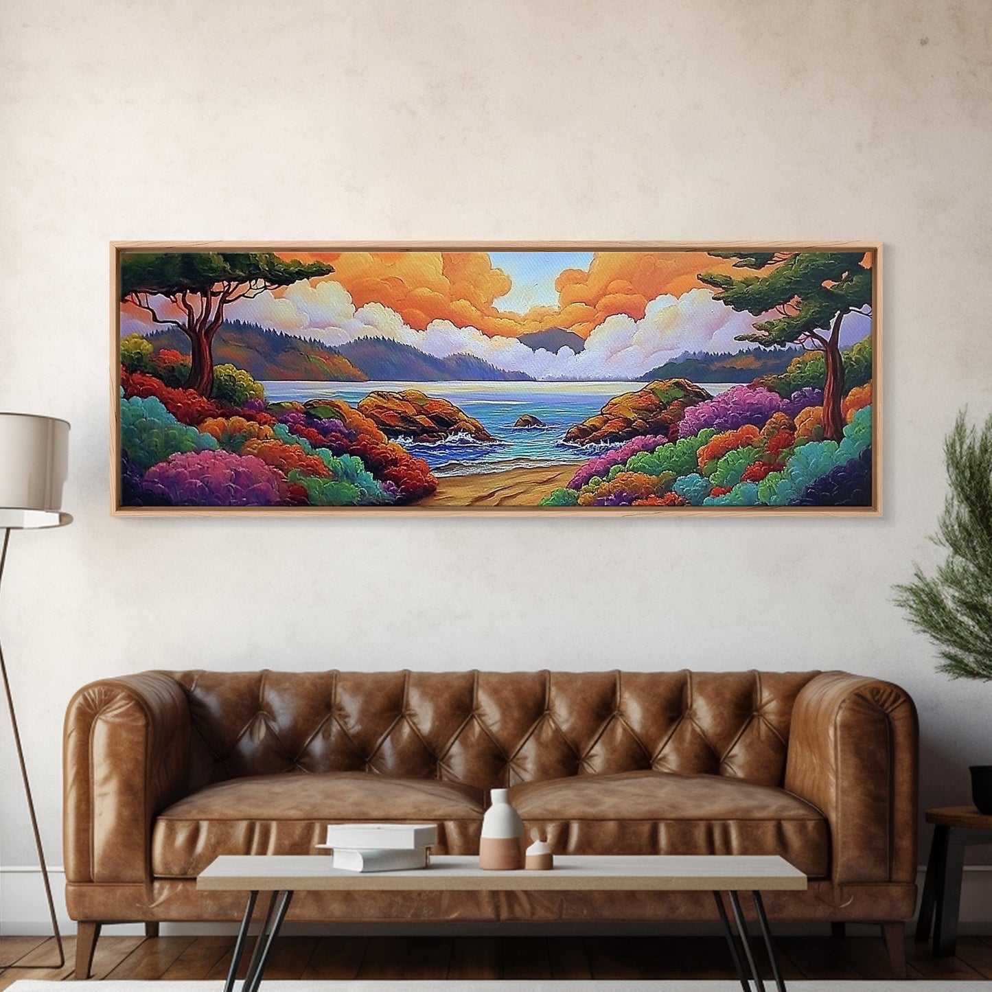 Vibrant Coastal View, Ocean Sunset Landscape, Floral Beach Scene, Framed Canvas Print, Colorful Wall Art, Tropical Living Room